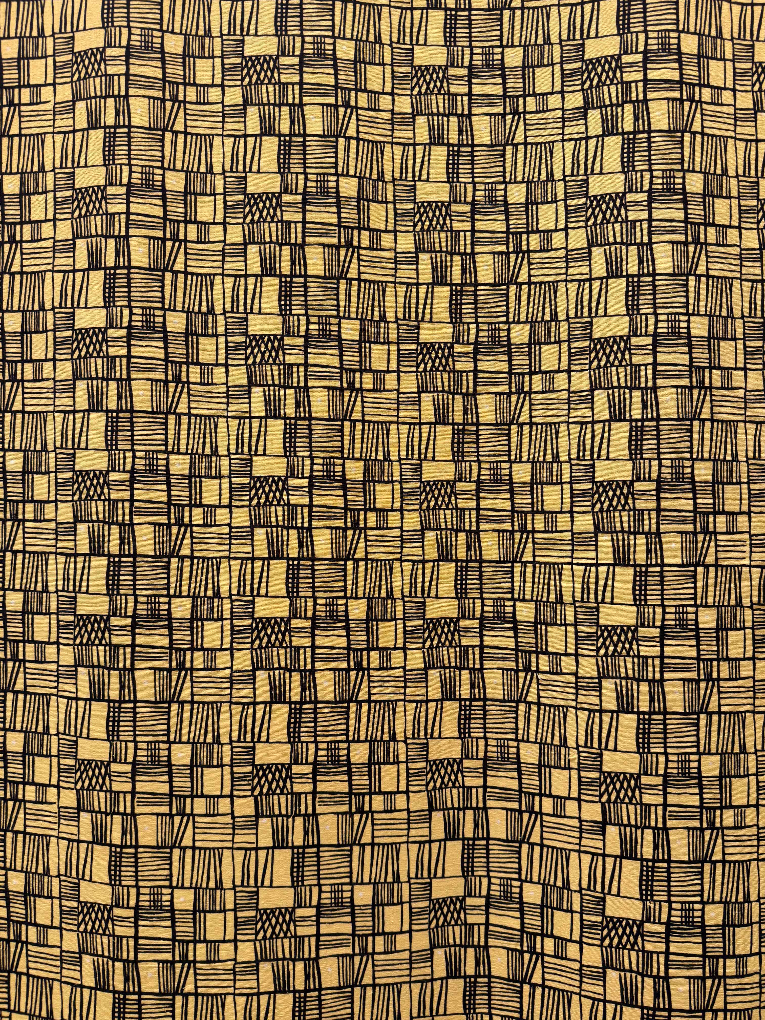 Yellow background with black geometric lines forming irregular grids